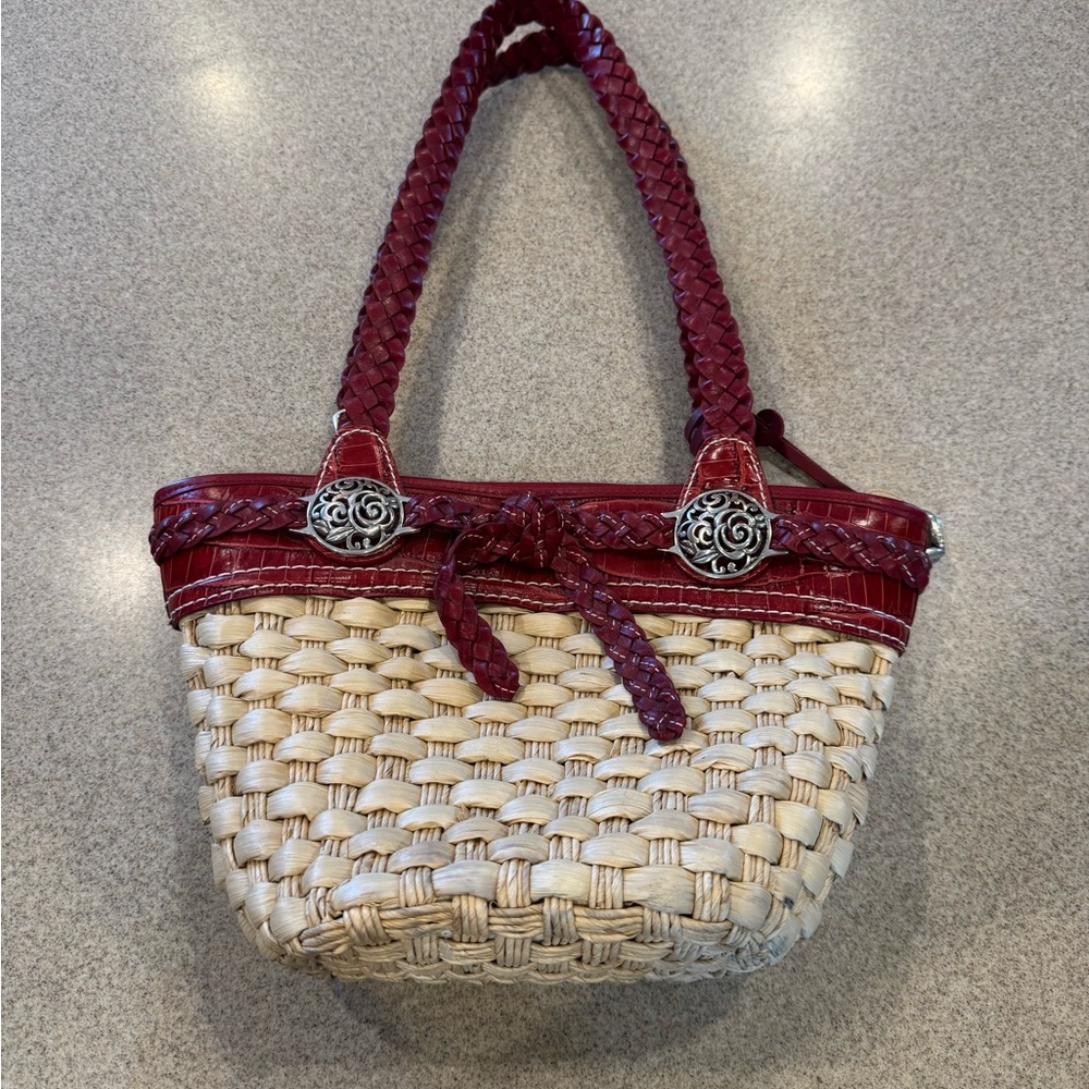 Brighton Red and straw Shoulder Bag with Woven Design. Summer
